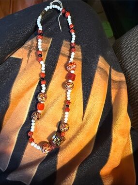 Handmade Red and White Beaded Women's Necklace